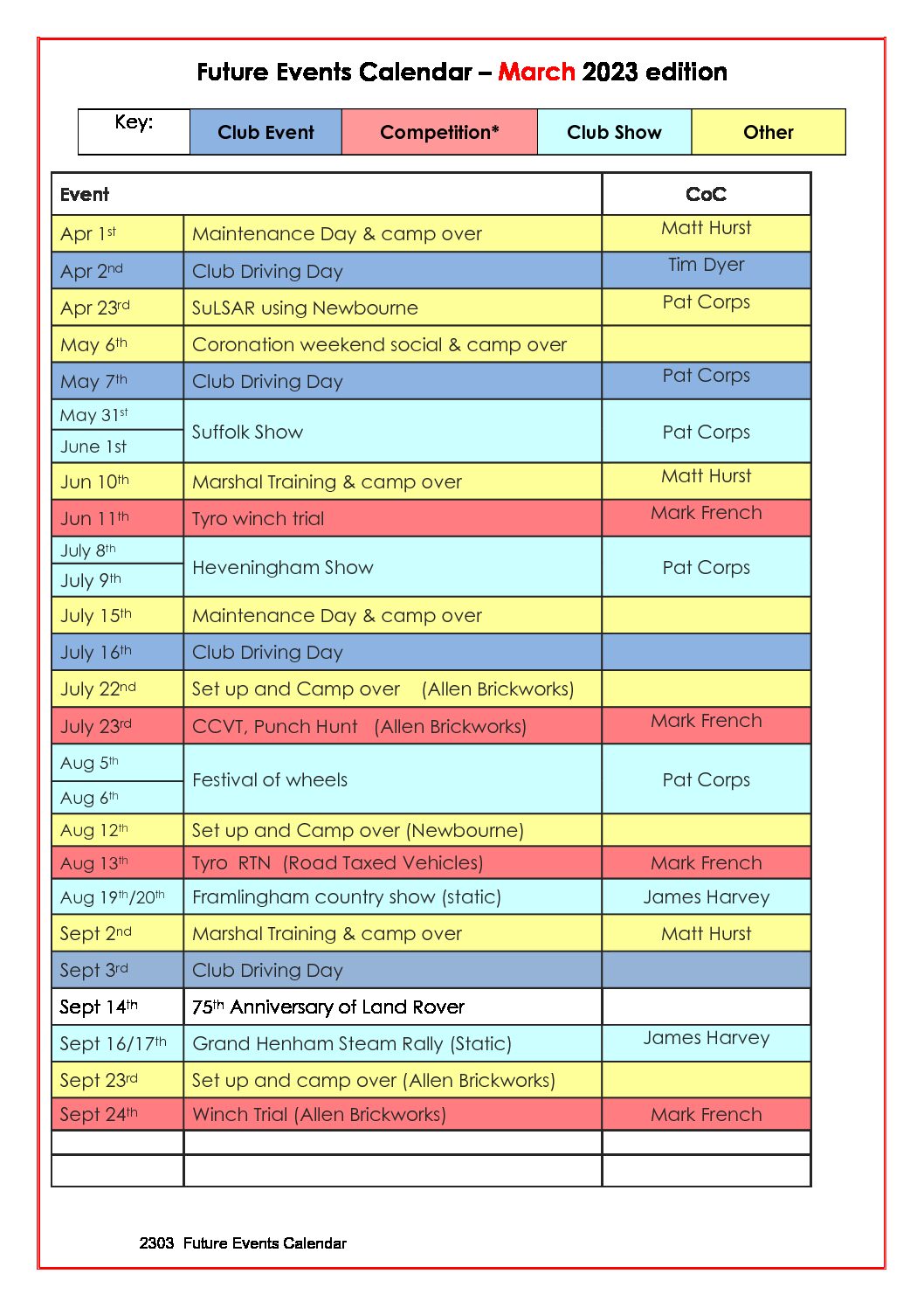 Calendar SLROC